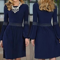 Retro Lace Spliced Long Sleeve Round Neck Slim Fit Dress