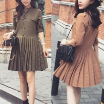 Elegant Solid Color Long Sleeve Single-breasted Pleated Dress