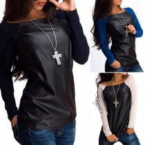 Fashion PU Leather Spliced Long Sleeve Round Neck Sweatshirt