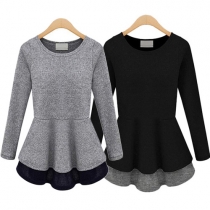 Fashion Contrast Color Long Sleeve Round Neck Slim Fit Tops