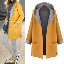 Fashion Contrast Color Long Sleeve Hooded Overcoat