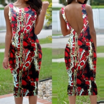Sexy Backless Sleeveless Round Neck Slim Fit Printed Dress