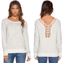 Sexy Backless Lace Spliced Long Sleeve Round Neck T-shirt