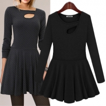 Fashion Solid Color Long Sleeve Hollow Out Round Neck Dress