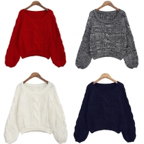 Fashion Solid Color Latern Sleeves Round Neck Knit Sweater