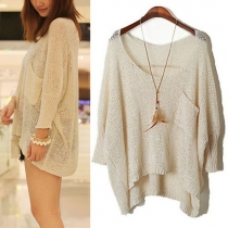Fashion Solid Color Dolman Sleeve High-low Hem Hollow Out Knit Sweater