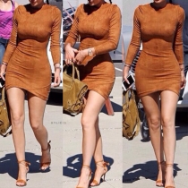 Fashion Solid Color Long Sleeve Round Neck Faux Suede Sheath Dress
