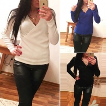 Sexy Crossover Deep V-neck Long Sleeve Solid Color Knit Tops