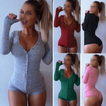 Sexy Deep V-neck Long Sleeve Solid Color Slim Fit Romper