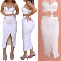 Sexy Strapless Crop Tops + High Waist Slit Hem Bust Skirt Two-piece Set