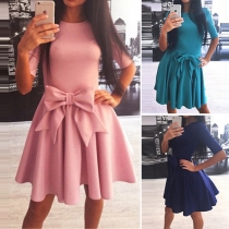 Sweet Bowknot Solid Color Half Sleeve Round Neck Pleated Dress
