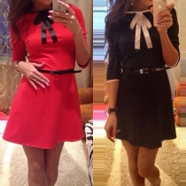 Fashion Solid Color 3/4 Sleeve Bowknot Round Neck Dress