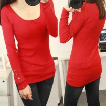 Fashion Solid Color Long Sleeve Round Neck All-match Knit Tops