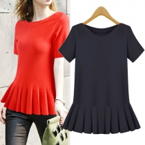Fashion Solid Color Short Sleeve Round Neck Pleated Hem Knit Tops