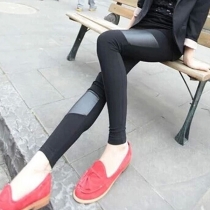 Fashion PU Leather Spliced High Waist Leggings