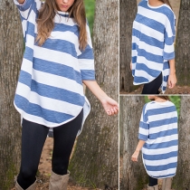 Fashion Half Sleeve Round Neck High-low Hem Striped T-shirt