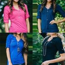 Fashion Solid Color Long Sleeve V-neck T-shirt