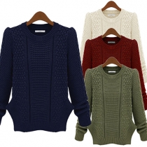 Fashion Solid Color Long Sleeve Round Neck Slit Hem Knit Sweater