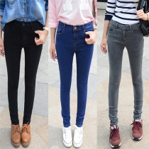 Fashion Solid Color High Waist Elastic Skinny Jeans