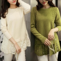 Sweet Bowknot Lace Spliced Long Sleeve Round Neck Knit Tops