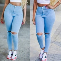 Fashion Solid Color High Waist Distressed Ripped Skinny Pencil Pants