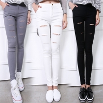 Fashion Solid Color High Waist Distressed Ripped Slim Fit Pencil Pants