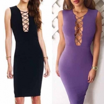 Sexy Lace-up Deep V-neck Sleeveless Solid Color Bodycon Dress