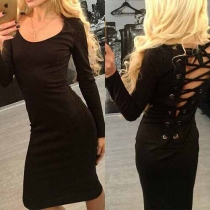 Sexy Backless Lace-up Long Sleeve Slim Fit Solid Color Dress