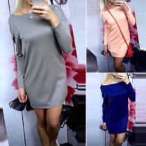 Sexy Backless Long Sleeve Round Neck Solid Color T-shirt Dress