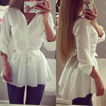 Fashion Solid Color Long Sleeve POLO Collar Gathered Waist Shirt