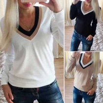 Fashion Contrast Color V-neck Long Sleeve T-shirt