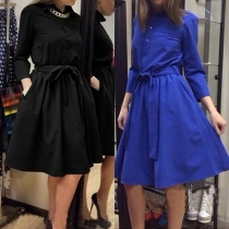 Elegant Solid Color Long Sleeve POLO Collar Slim Fit A-line Dress