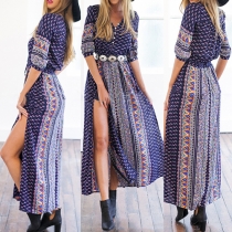 Bohemian Style Half Sleeve V-neck Slit Hem Printed Maxi Dress