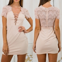 Sexy Deep V-neck Lace Spliced Short Sleeve Slim Fit Party Dress