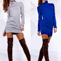 Fashion Solid Color Long Sleeve Turtleneck Sheath Dress