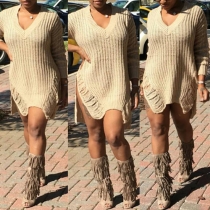 Fashion Solid Color Long Sleeve V-neck Irregular Hem Knit Dress
