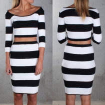 Fashion Long Sleeve Crop Tops + High Waist Bust Skirt Striped Set