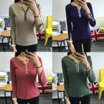 Fashion Solid Color Long Sleeve V-neck All-match T-shirt