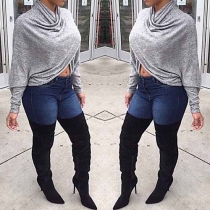 Fashion Solid Color Dolman Sleeve Cowl Neck Loose Tops