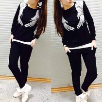 Fashion Long Sleeve Round Neck Wings Printed Sports Suit
