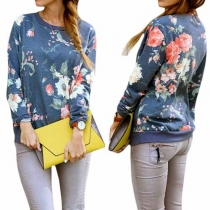 Fashion Long Sleeve Round Neck Floral Print Sweatshirt