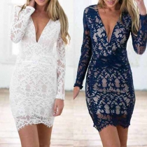 Sexy Backless Deep V-neck Long Sleeve Slim Fit Lace Party Dress