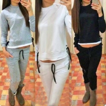 Fashion Solid Color Long Sleeve Round Neck Casual Sports Suit