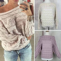 Sexy Slash Neck Long Sleeve 3D Flower Knit Sweater