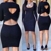 Sexy Hollow Out Long Sleeve Round Neck Black Bodycon Dress