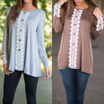 Fashion Lace Spliced Long Sleeve Round Neck Loose Tops