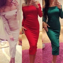 Sexy Slash Neck Long Sleeve Slim Fit Solid Color Party Dress