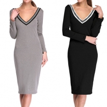 Fashion Contrast Color V-neck Long Sleeve Slim Fit Dress