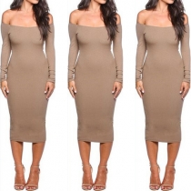 Sexy Off-shoulder Long Sleeve Solid Color Bodycon Dress