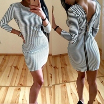 Fashion Long Sleeve Round Neck Slim Fit Striped Dress